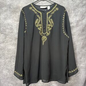 Jane Ashley Embroidered Tunic Blouse Plus Size 1X Black Gold Boho Vintage